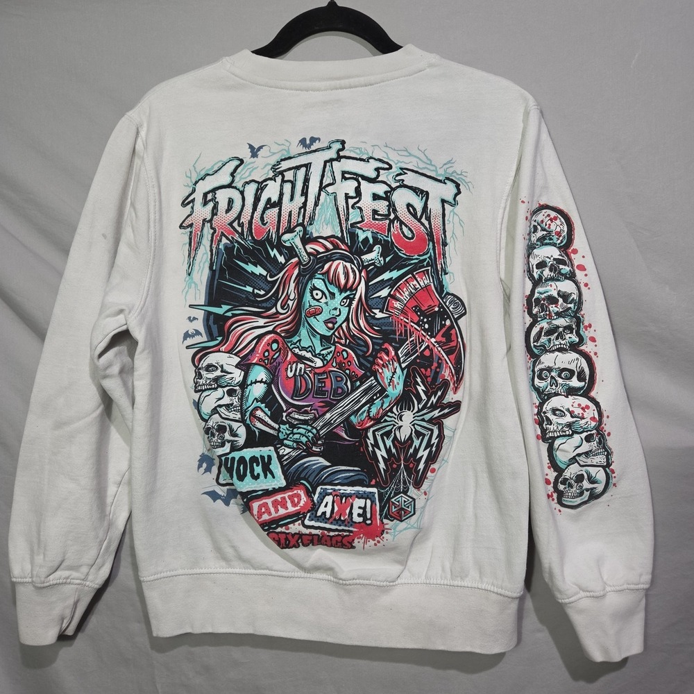 Six Flags Fright Fest Shock Axe Zombie‎ Girl UnDeb Small White Crew Sweatshirt